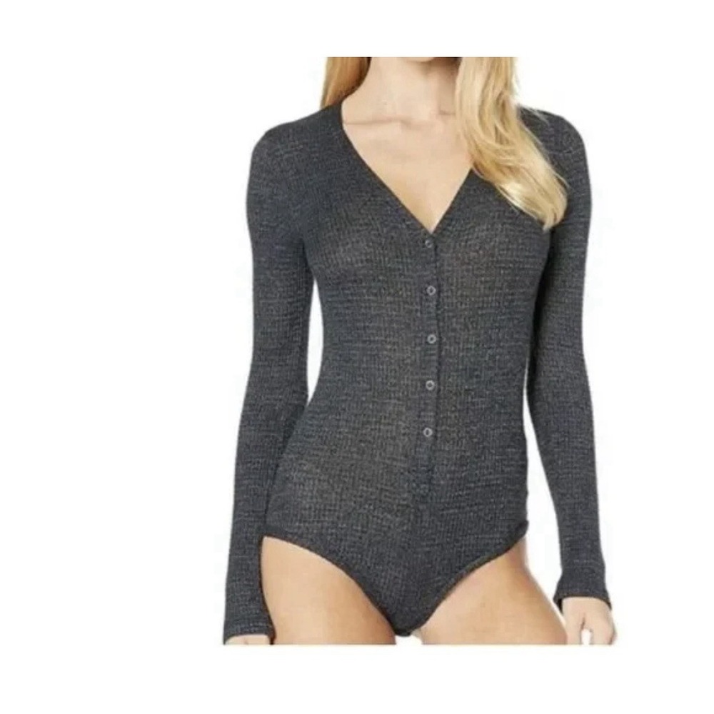 Free People Bodysuit Women Medium Black Keep Your Cool Thermal Knit Long Sleeve